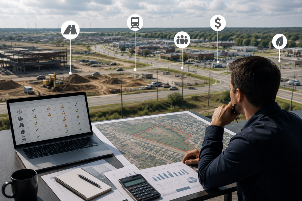 Laptop displaying site map for commercial real estate location analysis