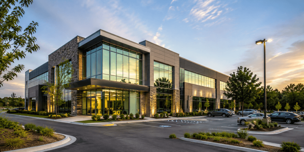 Modern glass commercial office building lit at dusk in Michigan