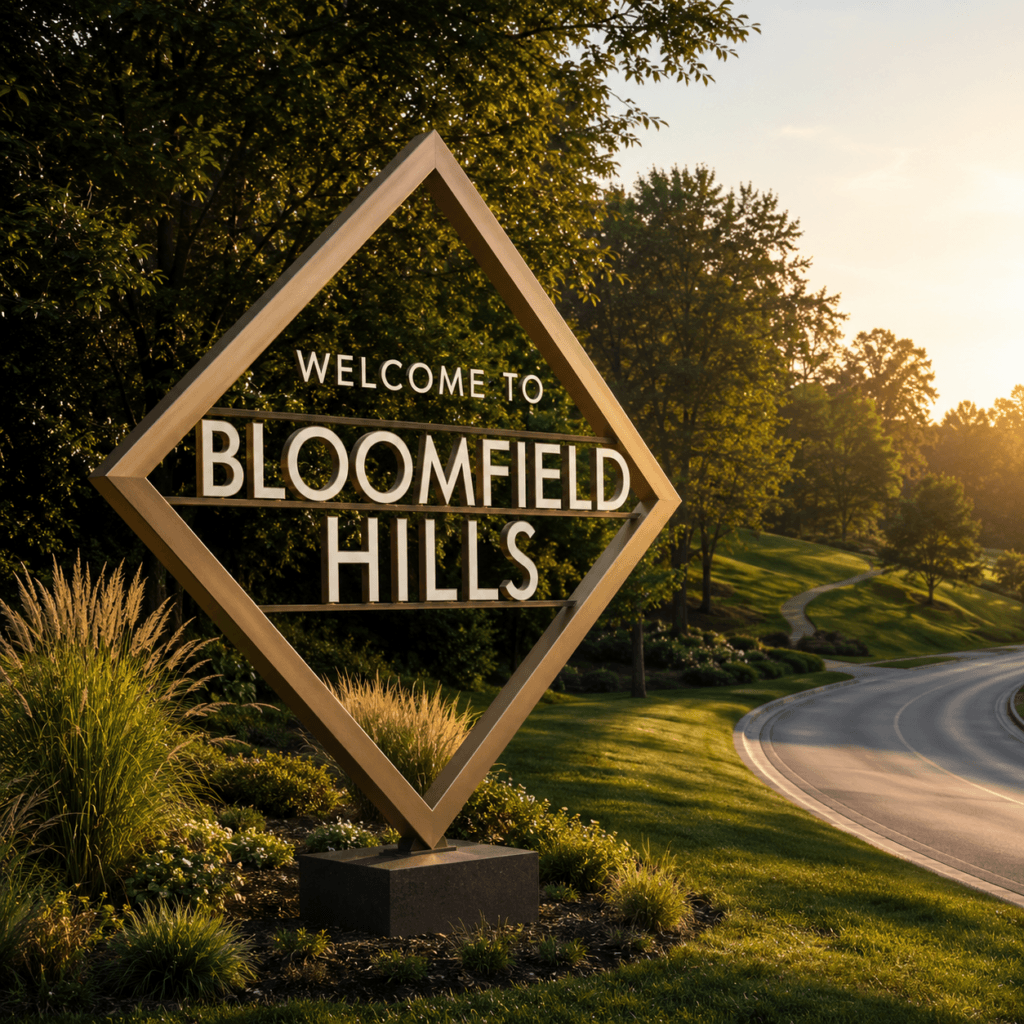 Bloomfield Hills monument entrance sign lit at golden hour in Bloomfield Hills, Michigan