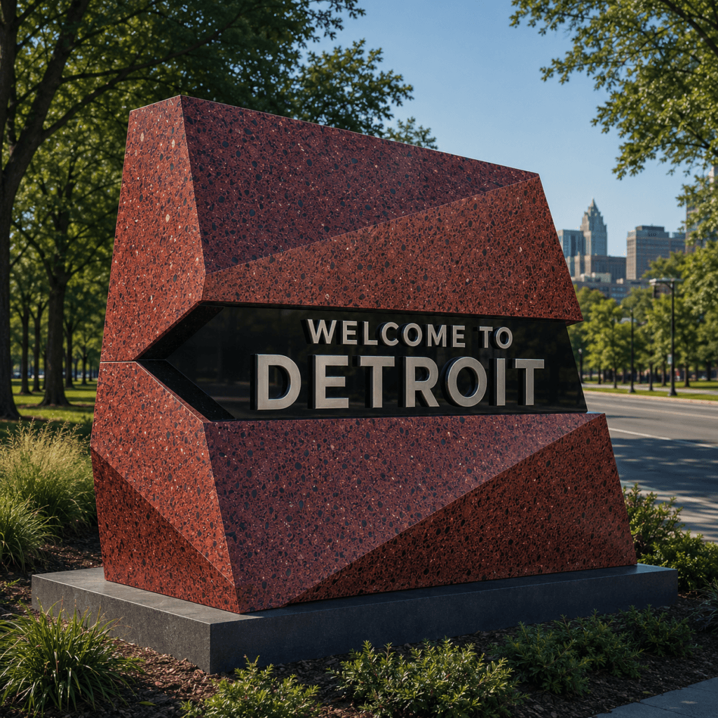 Red angular Detroit landmark sign in Detroit, Michigan