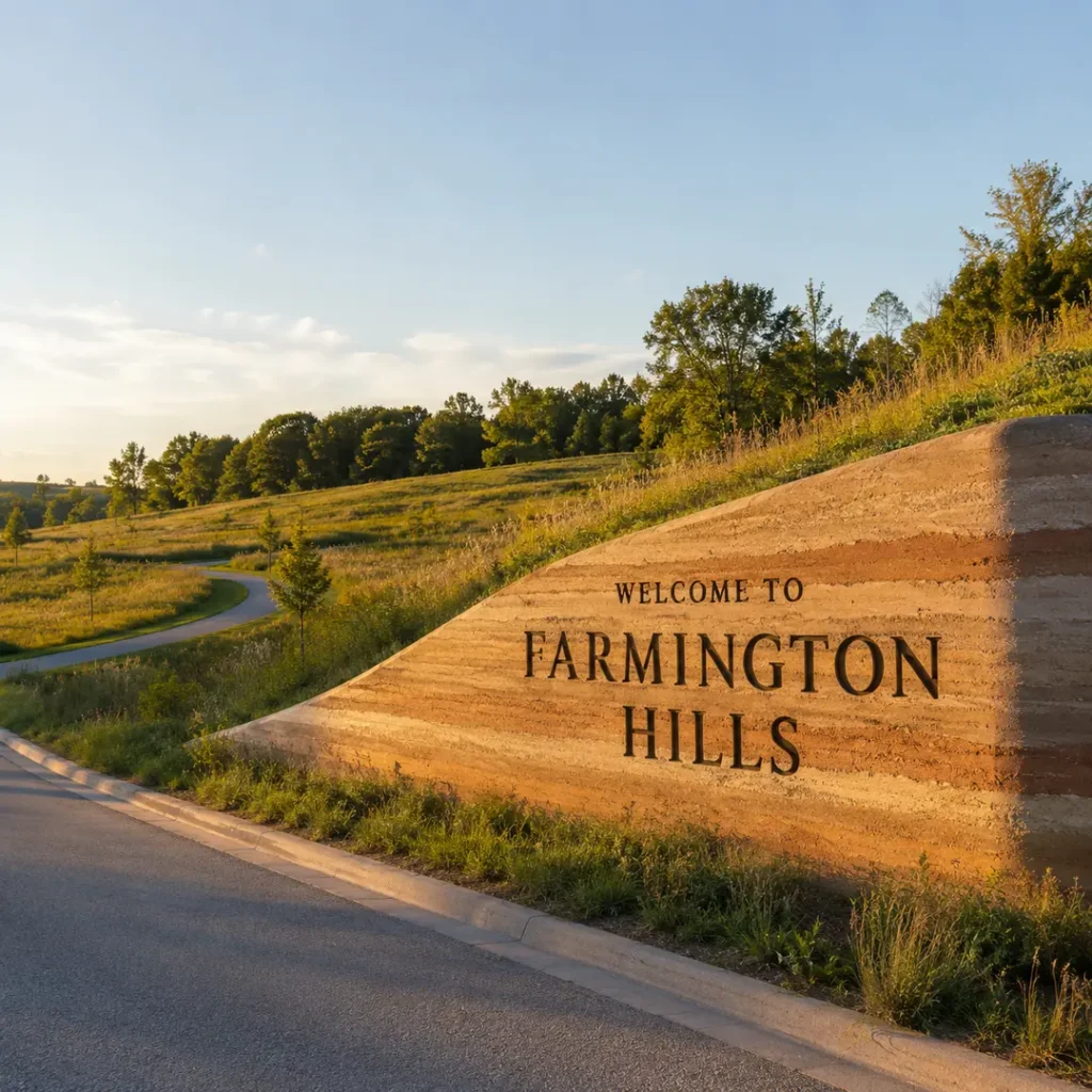 Tan roadside Farmington Hills city sign on a grass verge in Farmington Hills, Michigan