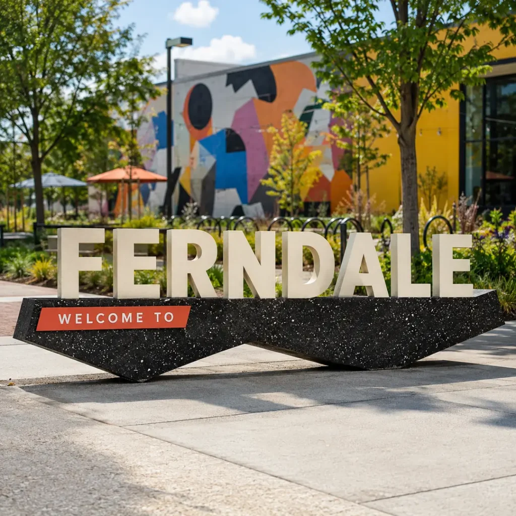 Colorful Ferndale mural entrance sign in Ferndale, Michigan