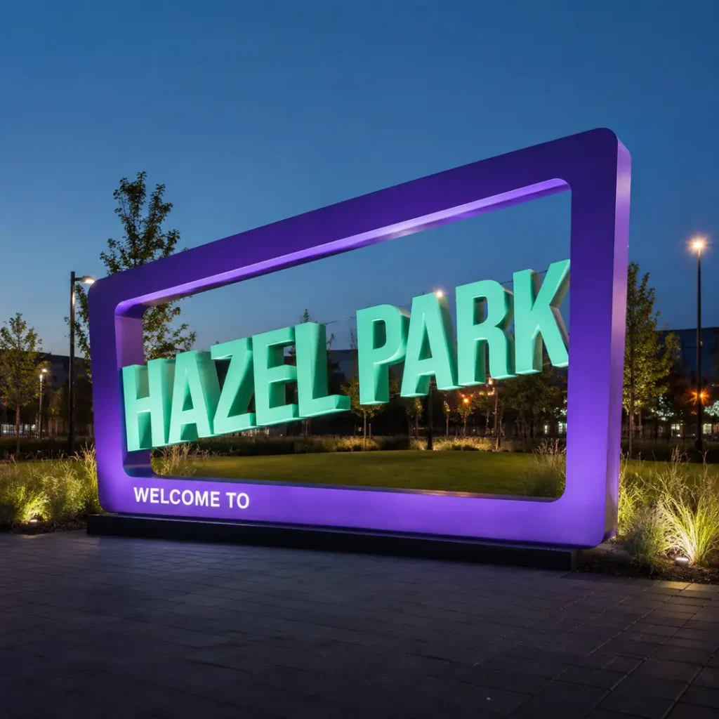 Neon-lit Hazel Park sign at night in Hazel Park, Michigan
