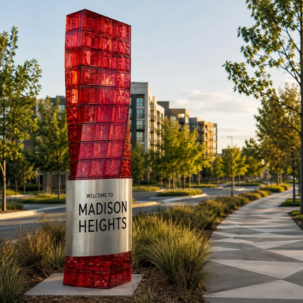 Red tower monument beside a tree-lined road in Madison Heights, Michigan