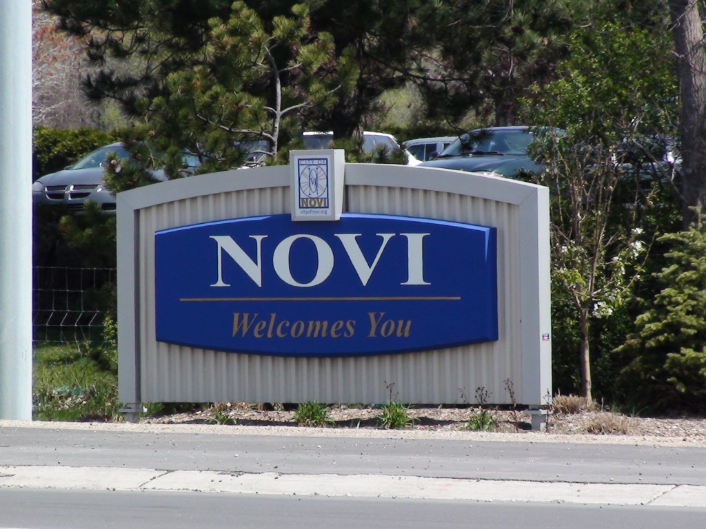Blue Novi monument entrance sign in Novi, Michigan