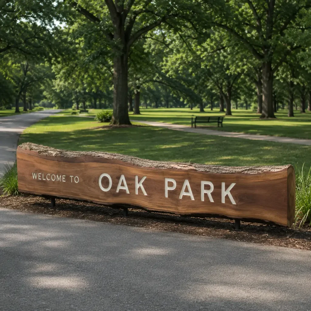Wooden Oak Park sign among trees in Oak Park, Michigan