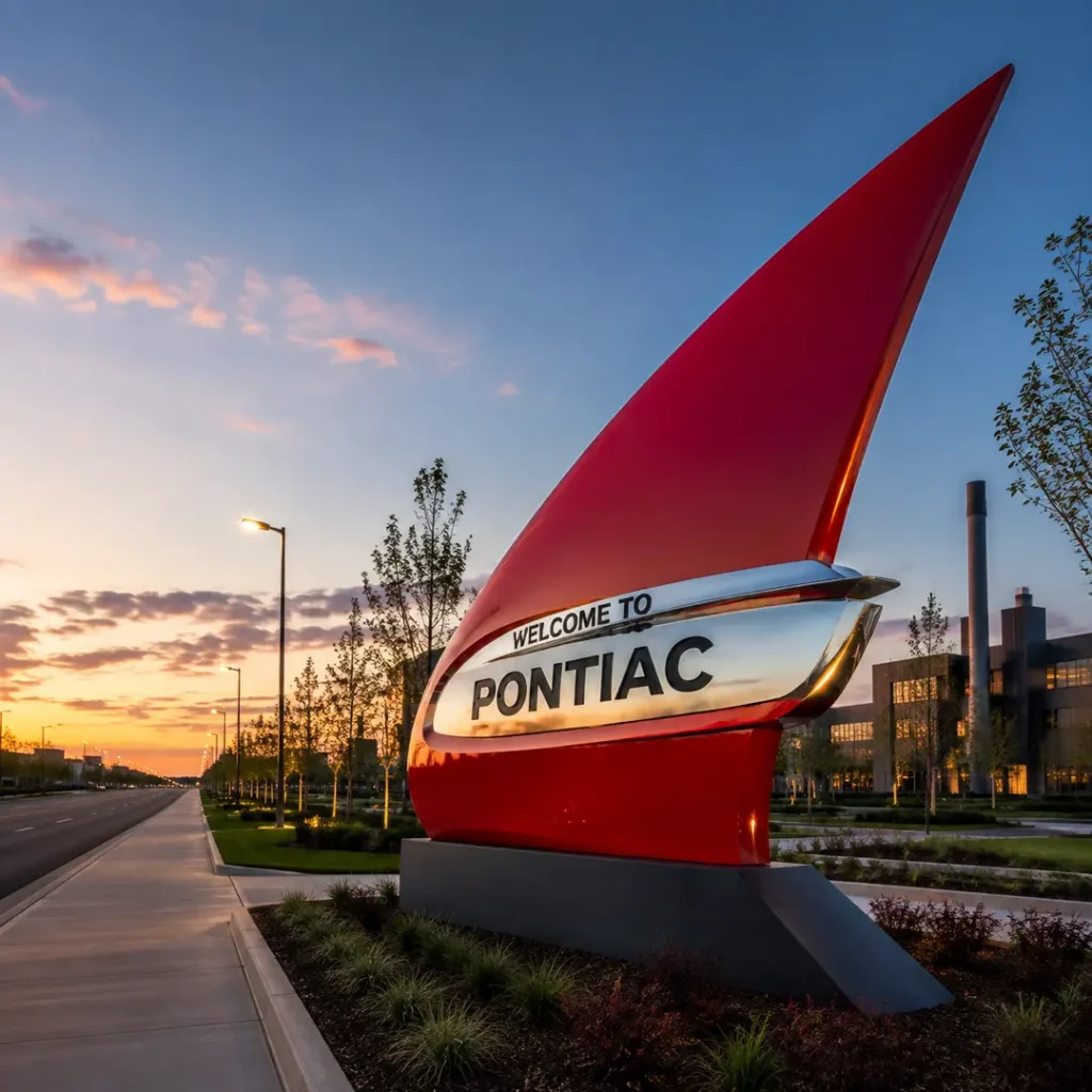Red sail-shaped landmark sculpture at dusk in Pontiac, Michigan