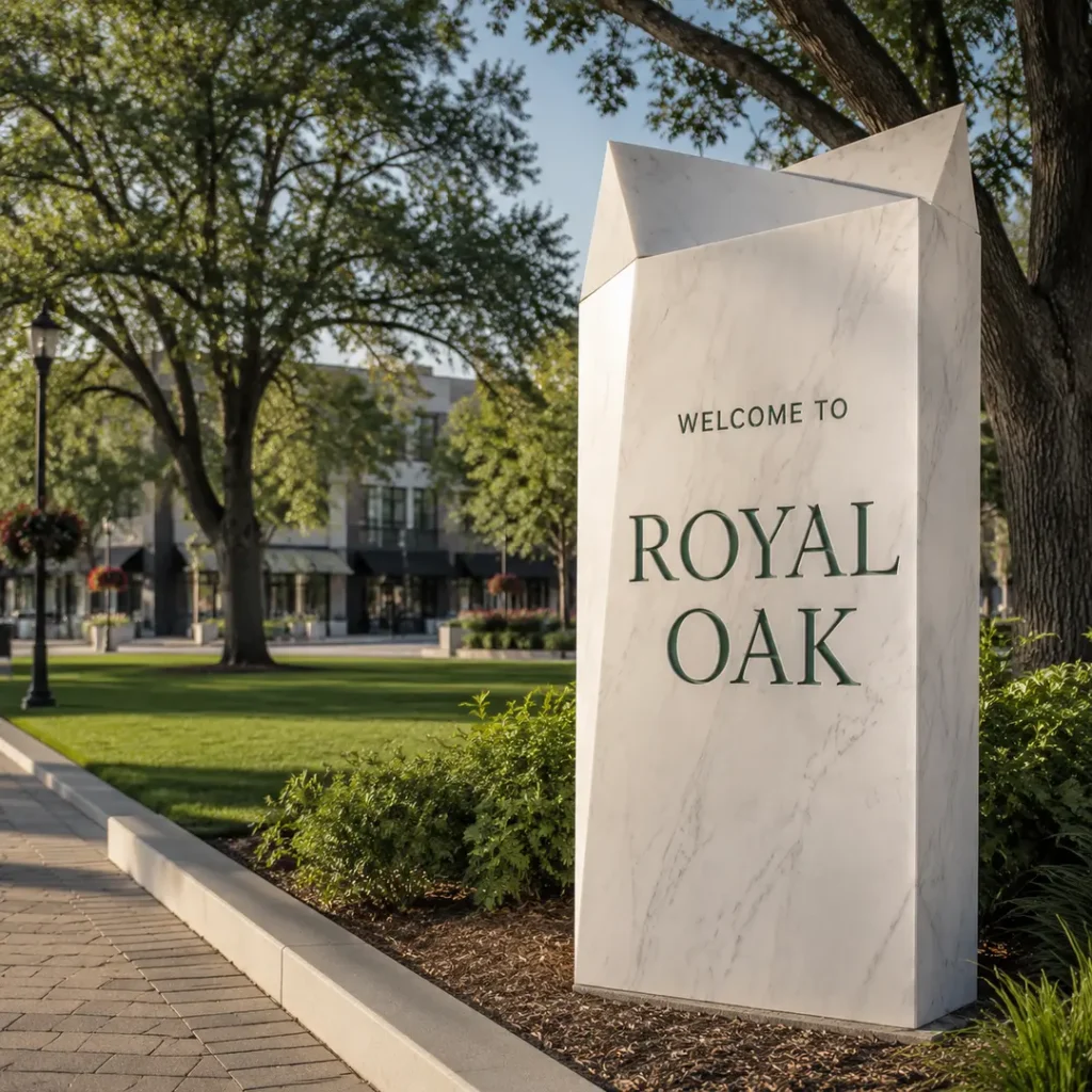 White stone Royal Oak monument sign in a park in Royal Oak, Michigan