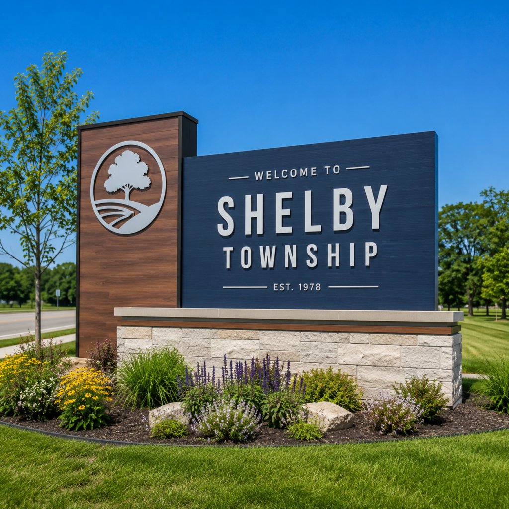 Blue Shelby Township monument entrance sign in Shelby Township, Michigan