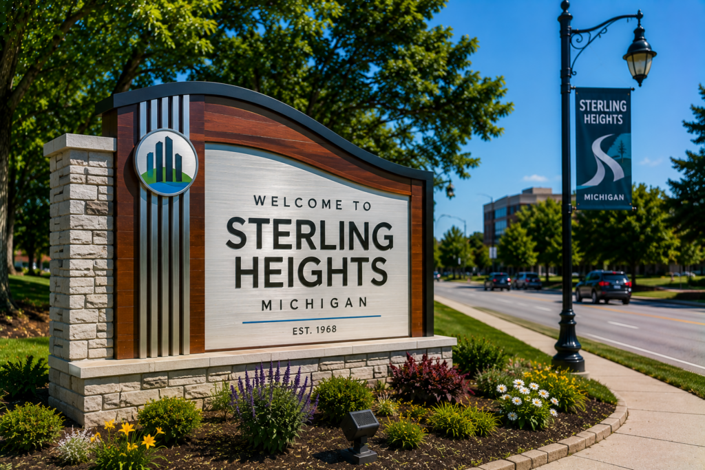 Sterling Heights monument entrance sign beside a lamppost in Sterling Heights, Michigan