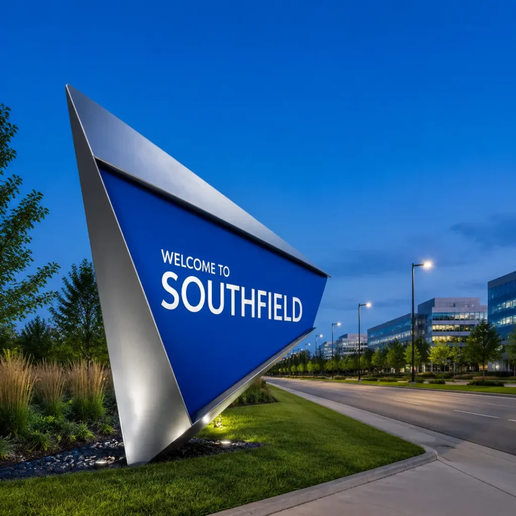 Blue angular Southfield monument sculpture in Southfield, Michigan