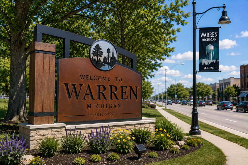 Brown Warren monument entrance sign with a lamppost in Warren, Michigan